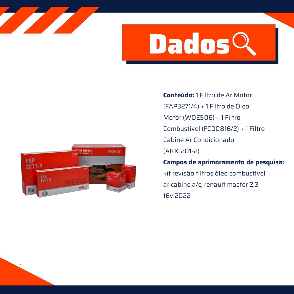Kit Troca Completa Filtros Ar Oleo Combustível Cabine Master 2.3 Diesel 13/22 - Wega - WKU-581