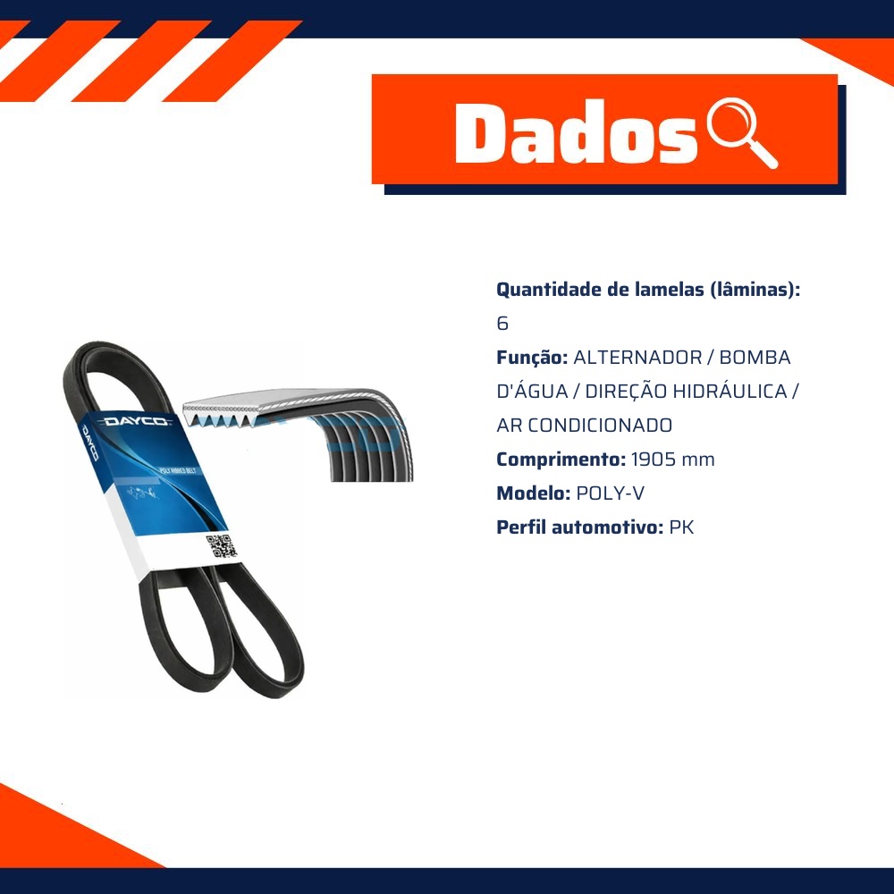 Correia de Acessórios Poly-V PK 6 Lâminas 1905mm - DAYCO - 6PK1905