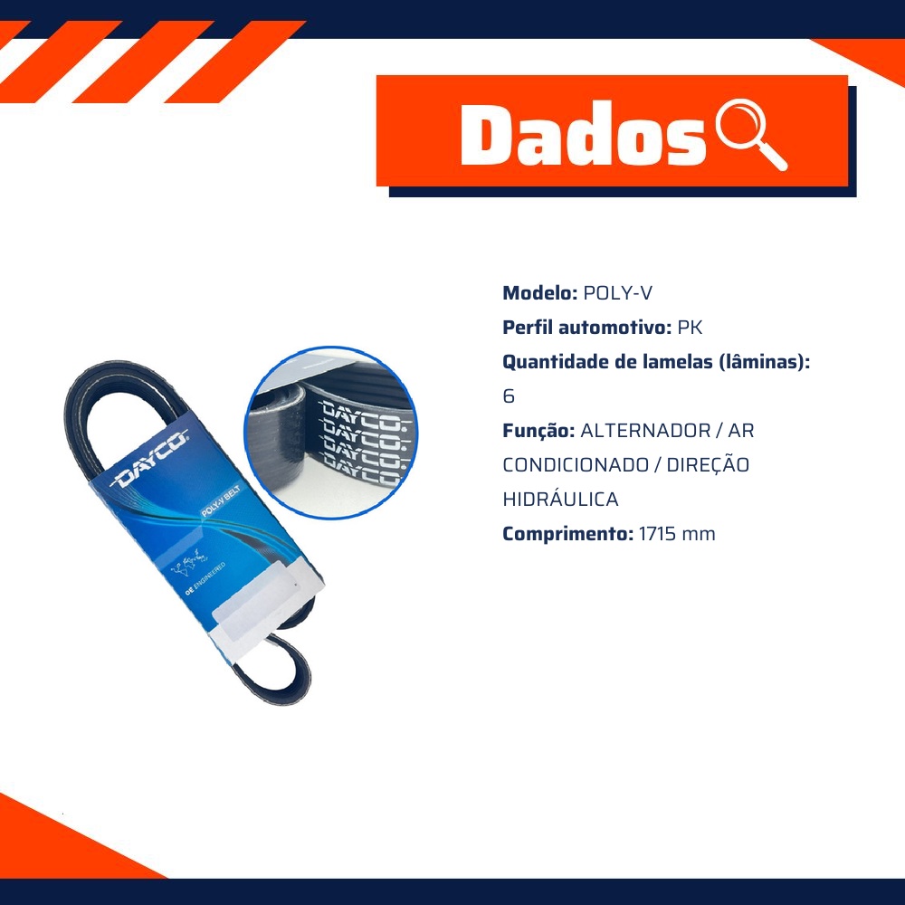 Correia de Acessórios Poly-V PK 6 Lâminas 1715mm para Citroen Aircross e C3 Picasso - Dayco - 6PK1715