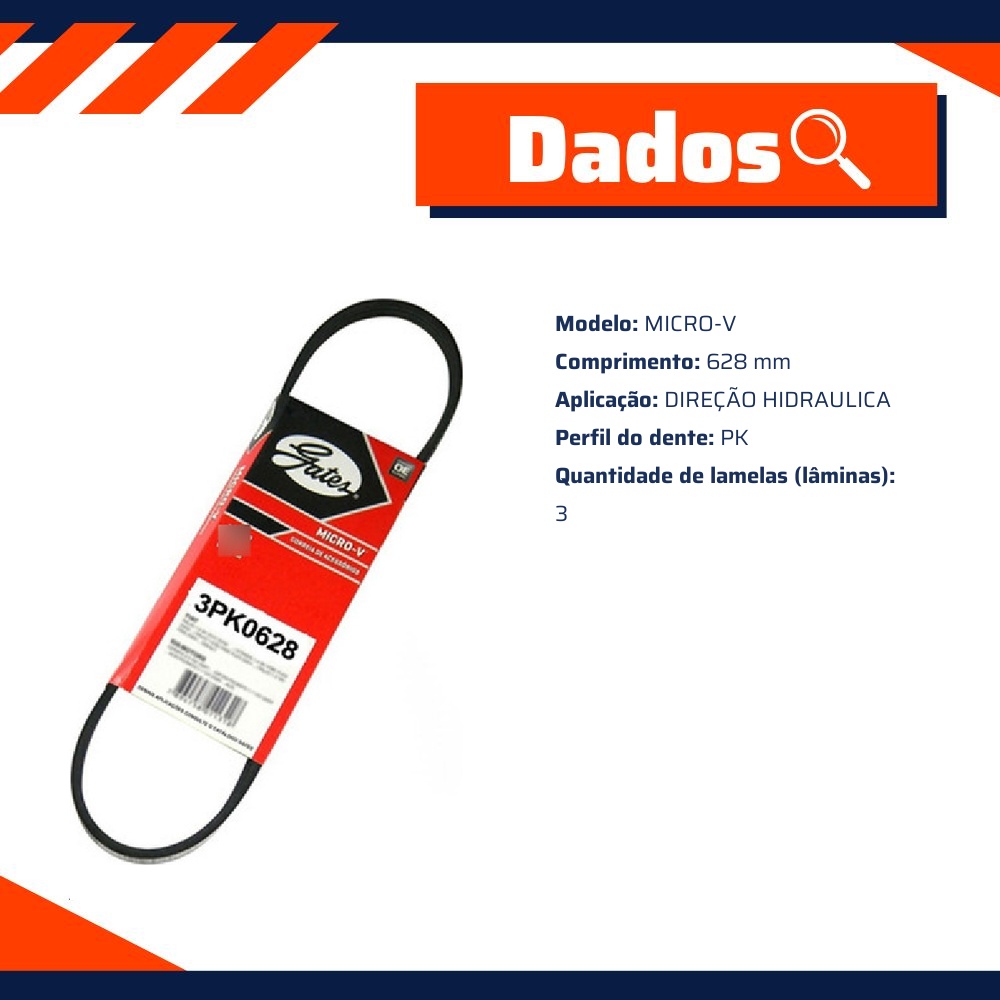 Correia de Acessórios Direção Hidráulica PK para Toyota Corolla e Corolla Wagon - Gates - 3PK0628