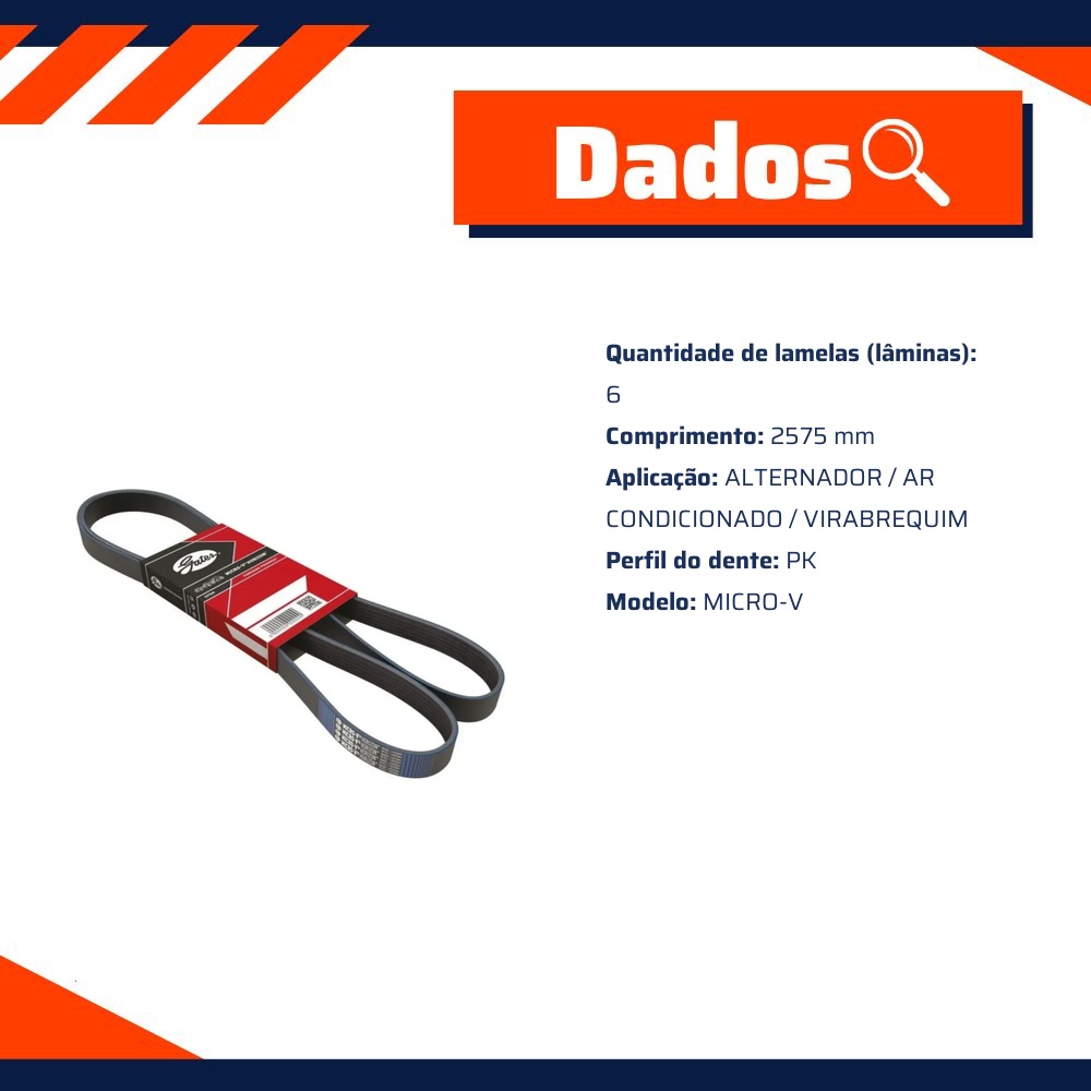 Correia de Acessórios Micro-V PK 6 Lâminas 2575mm para Hyundai Santa Fé e KIA Sorento - Gates - 6PK2575