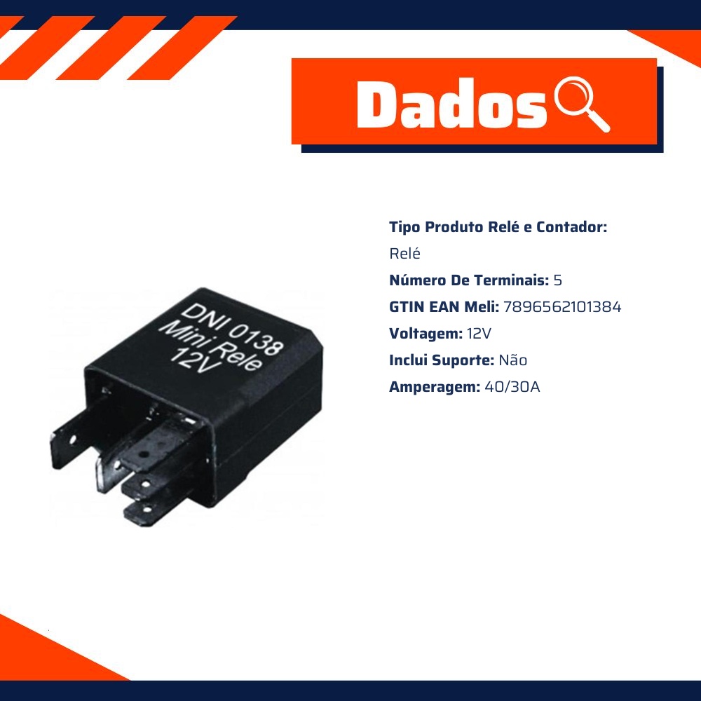 Relê Auxiliar 12V 5 Conexões - DNI - 0138