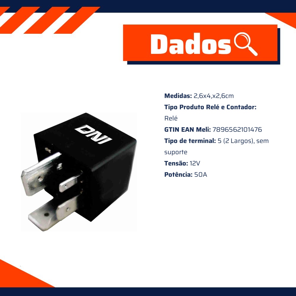 Relê Auxiliar 12V 4 Terminais 50 Ah - DNI - 0147