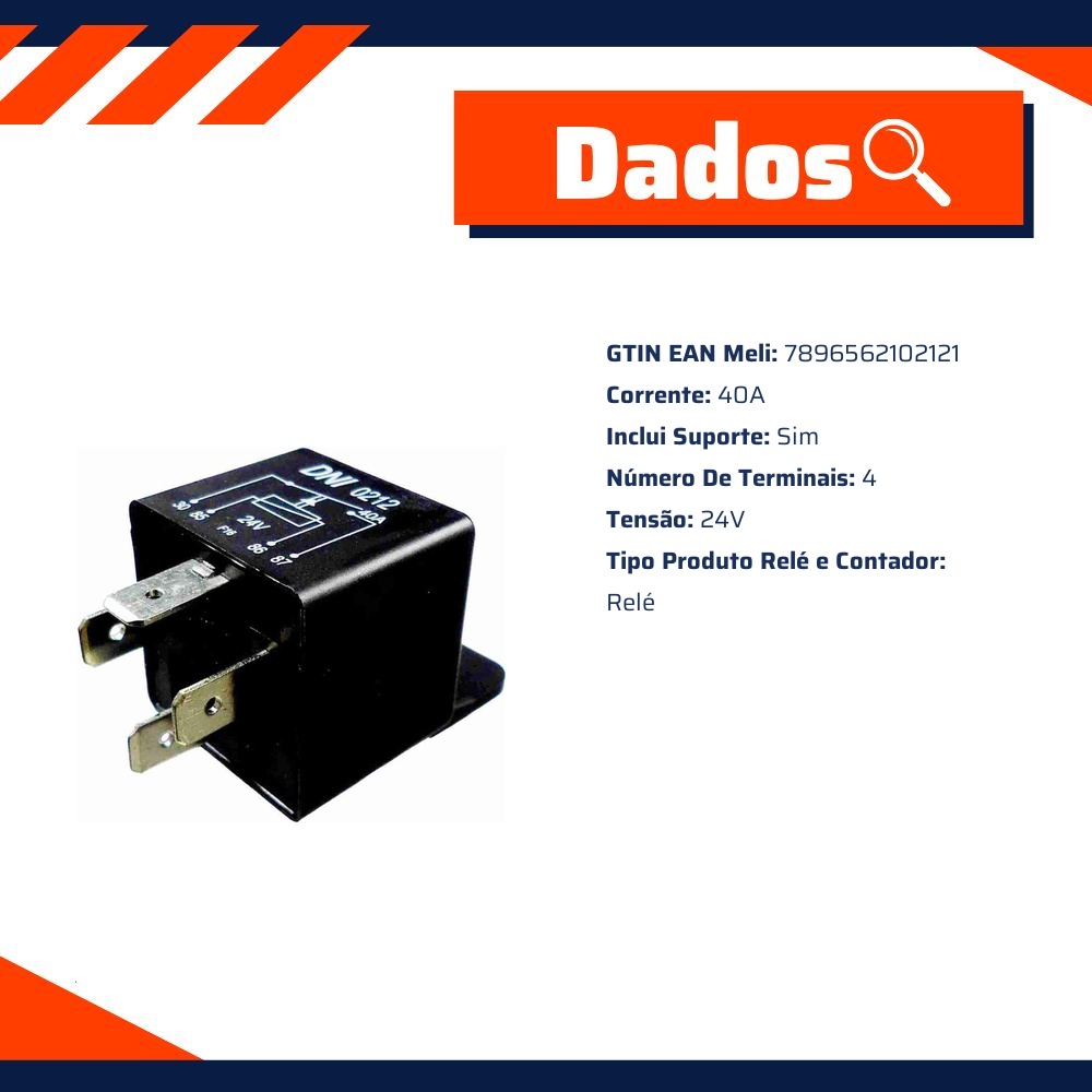 Relé Auxiliar Universal 24V 40A 4 Terminais com Suporte - DNI - 0212