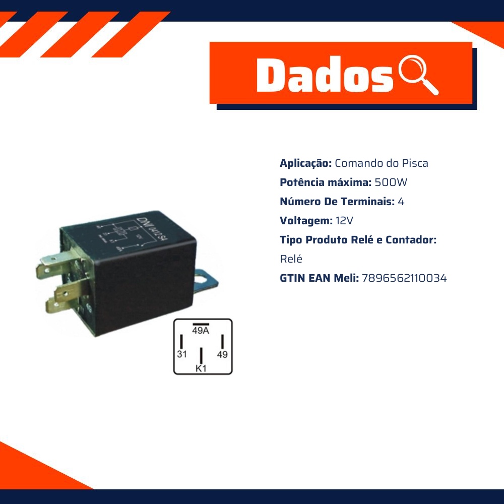 Relé Universal 12V 500W Potência Máxima - DNI - 0412-S4