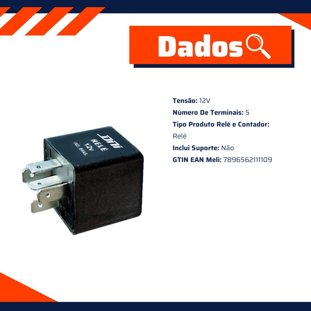 Relê Auxiliar 12V 5 Terminais Preto - DNI - 1110