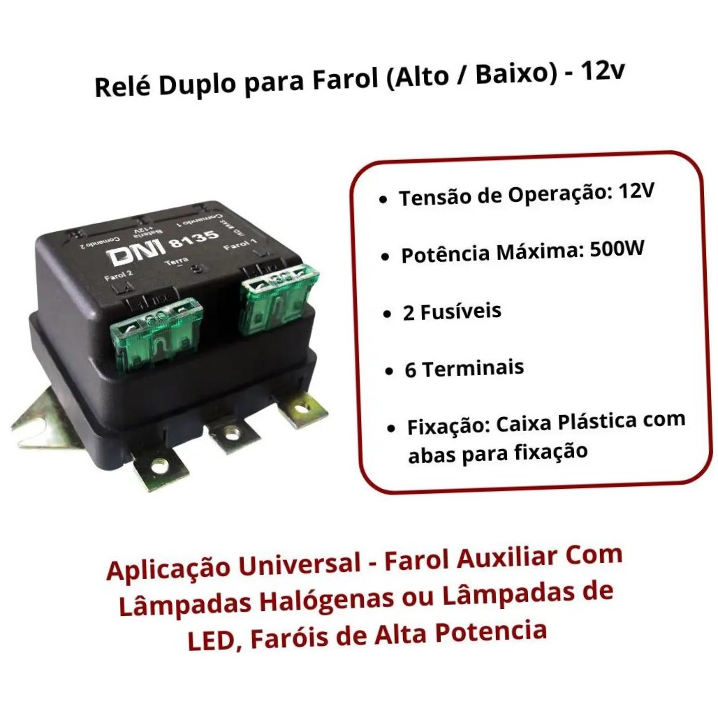 Relê 12V 500W Plástico Duplo 6 Terminais - DNI - 8135