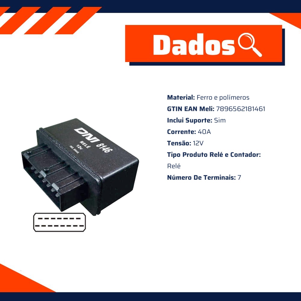 Relê Auxíliar Plástico 12V 15 Terminais 40 Ah - DNI - 8146