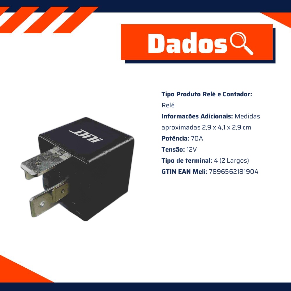Relê Auxiliar 12V 4 Terminais 70Ah - DNI - 8190