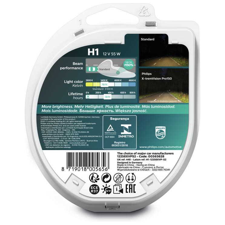 2 Lâmpadas Farol Baixo H1 12V Halógena Philips 12258XV+S2