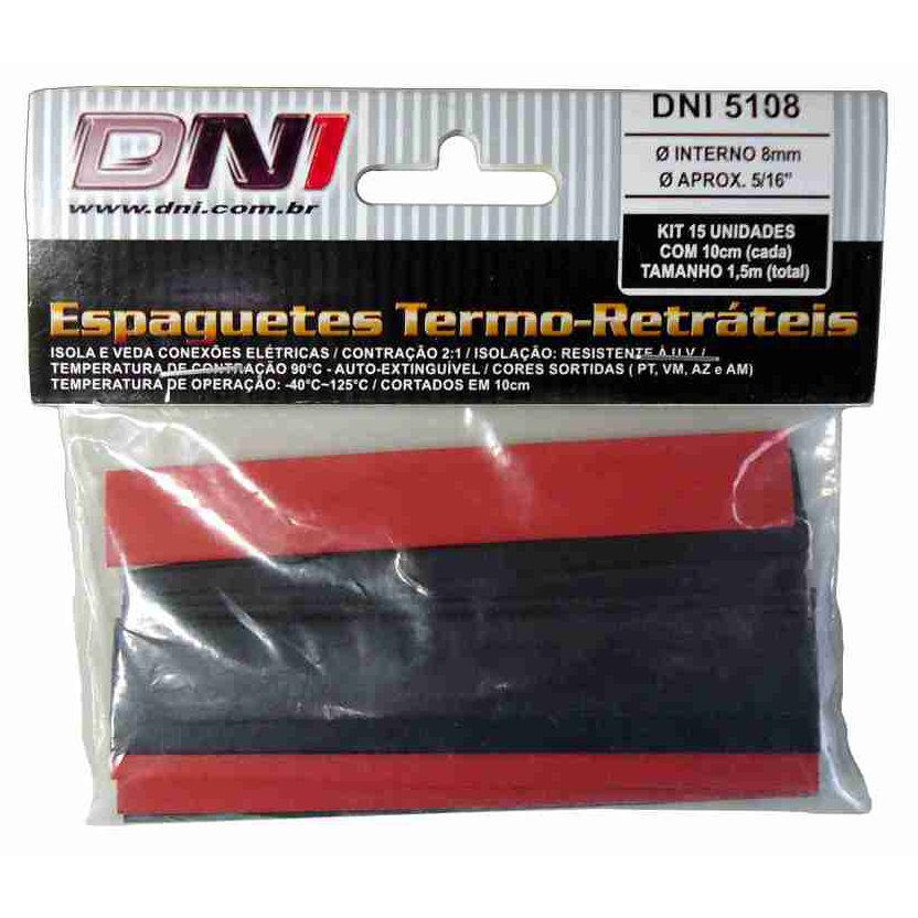 Espaguete Termo-retrátil 8mm Contração 2:1 Kit 15 Peças - DNI - 5108