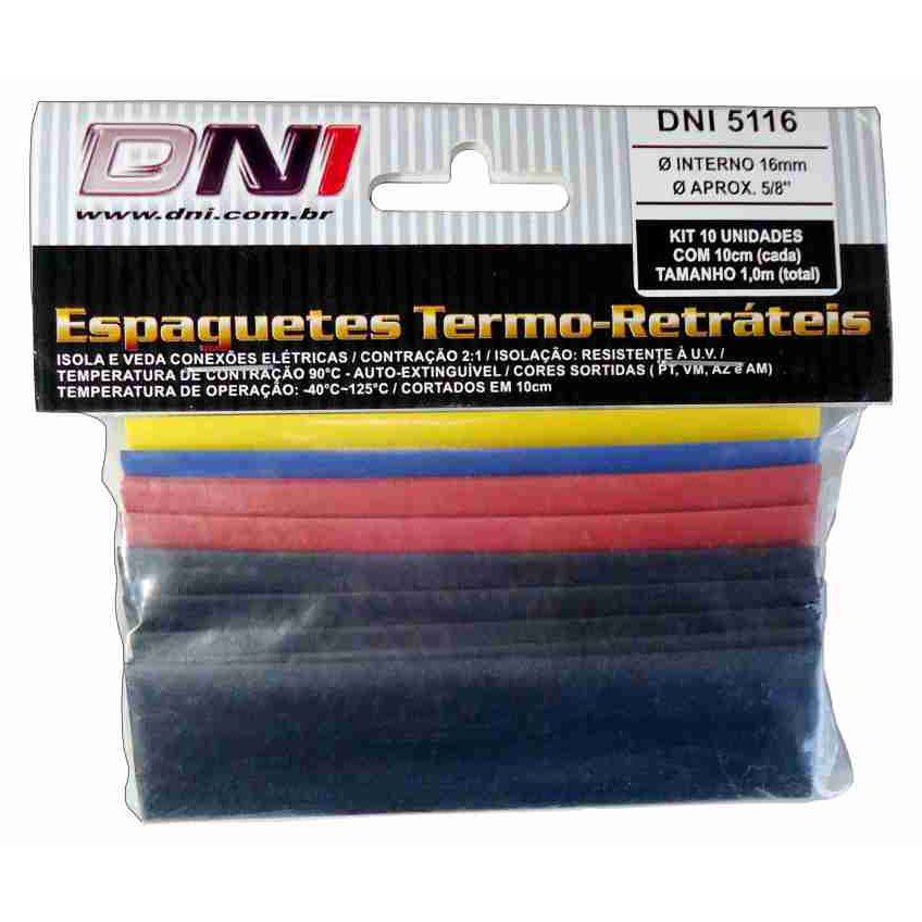 Espaguete Termo-retrátil 16mm Contração 2:1 Kit 10 Peças - DNI - 5116