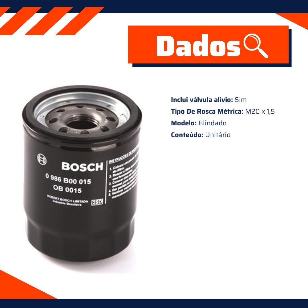 Filtro Blindado de Óleo Lubrificante - Bosch - 0 986 B00 015