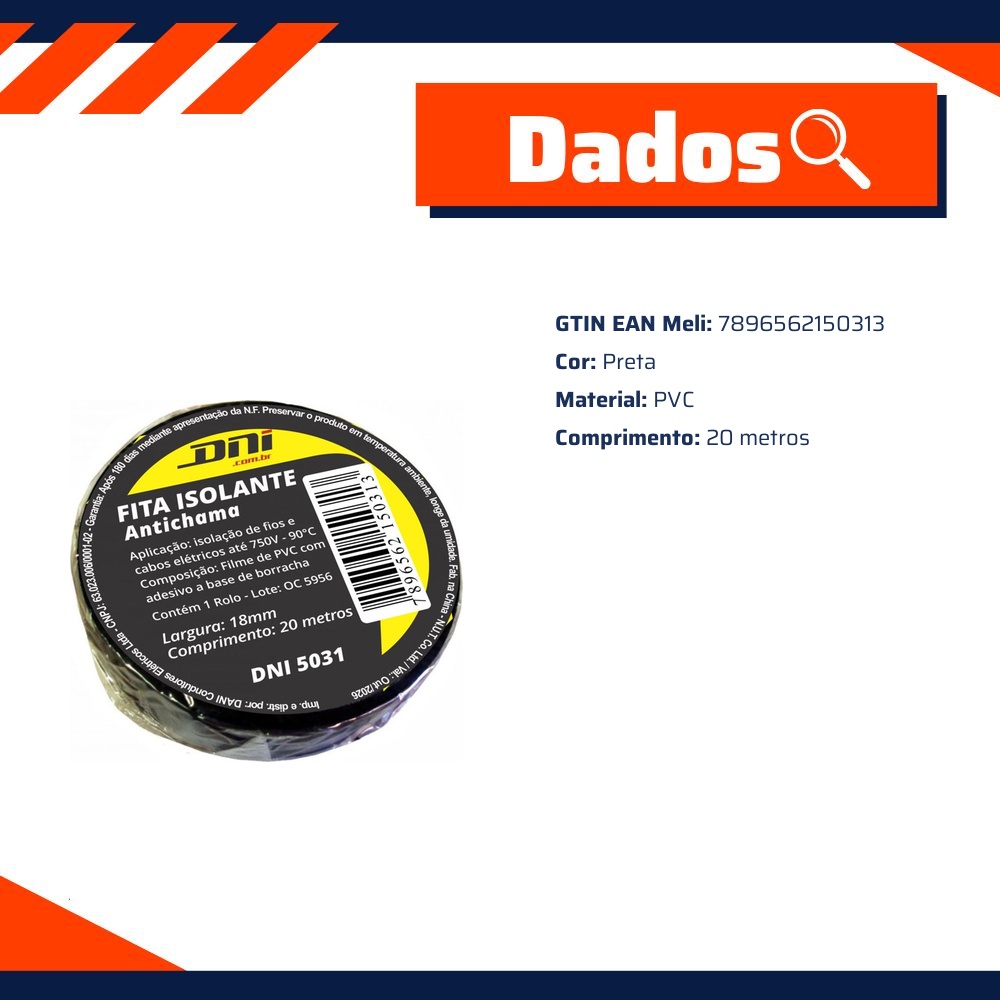 Fita Isolante em PVC Preta Rolo 20 Metros - DNI - 5031
