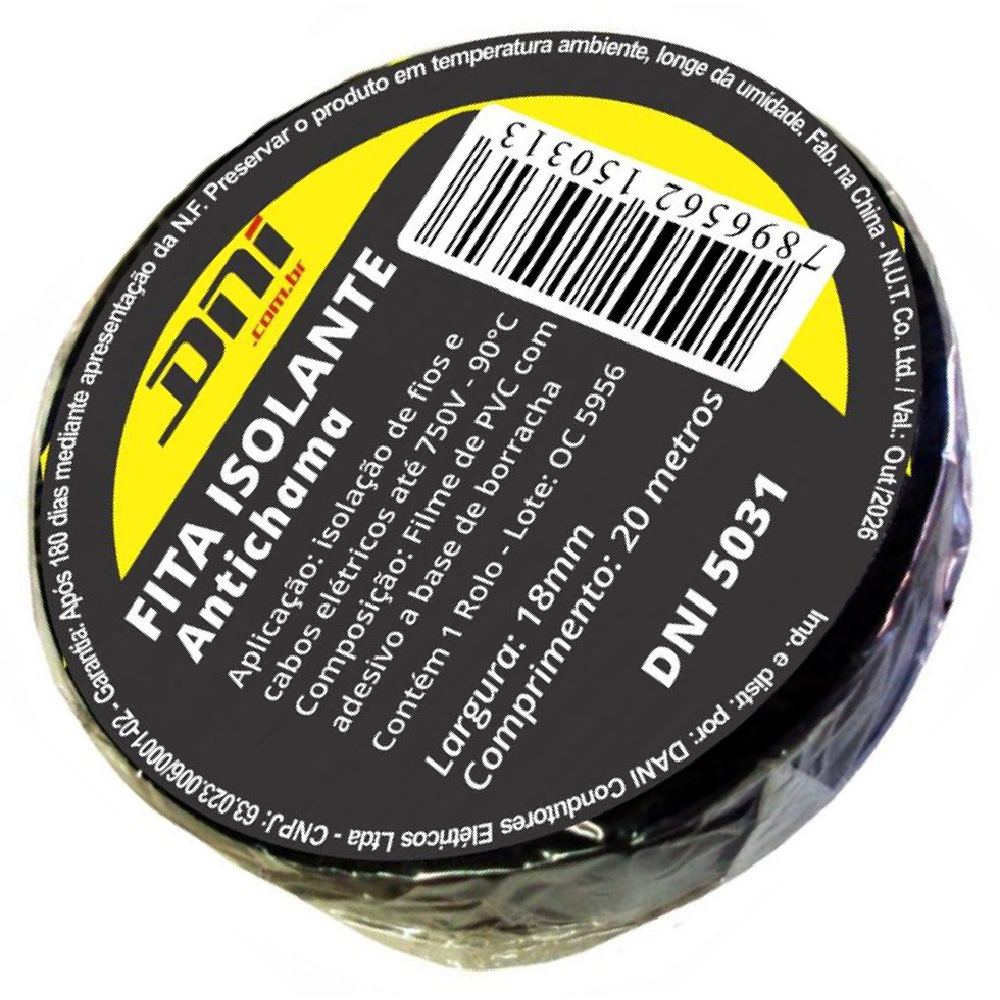 Fita Isolante em PVC Preta Rolo 20 Metros - DNI - 5031