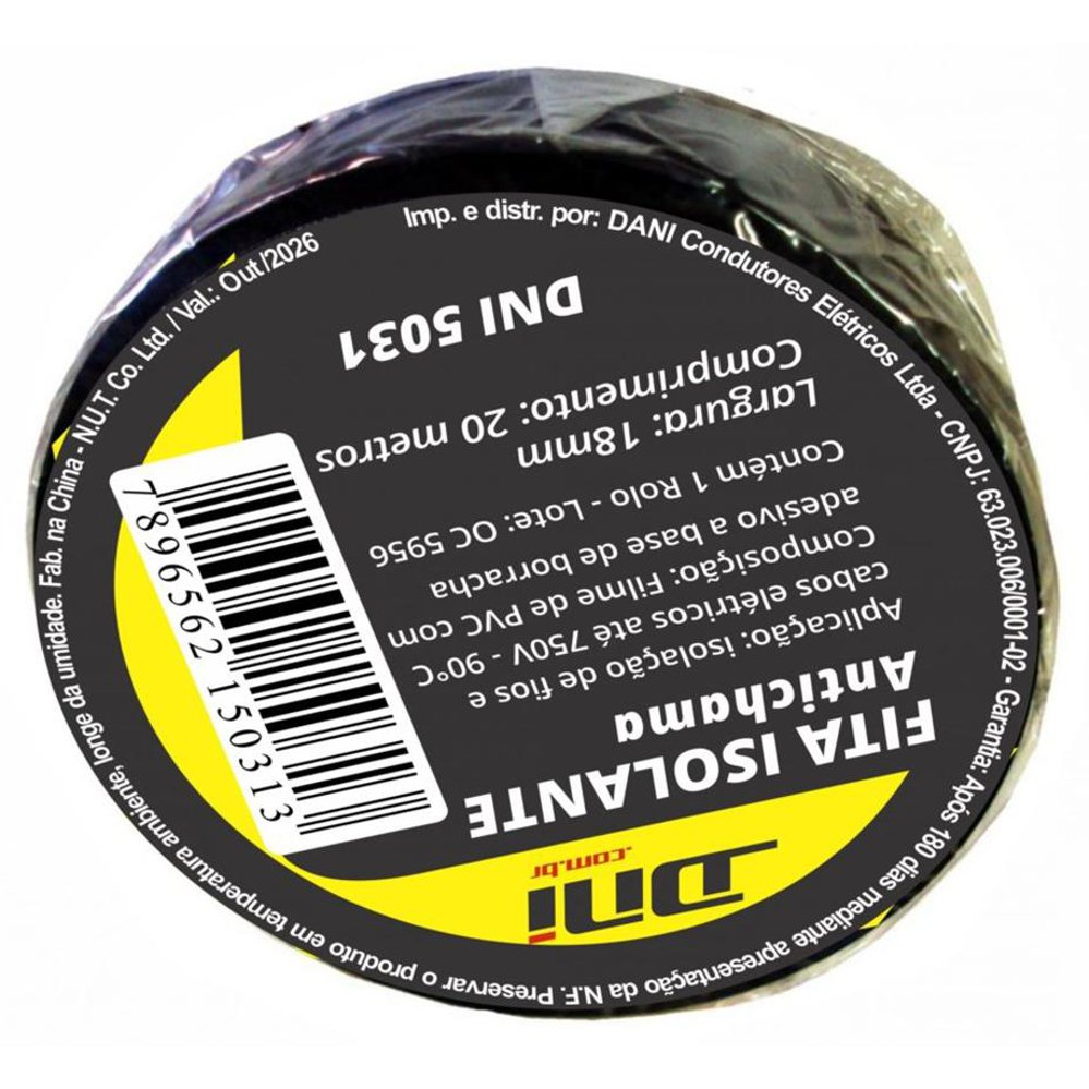 Fita Isolante em PVC Preta Rolo 20 Metros - DNI - 5031