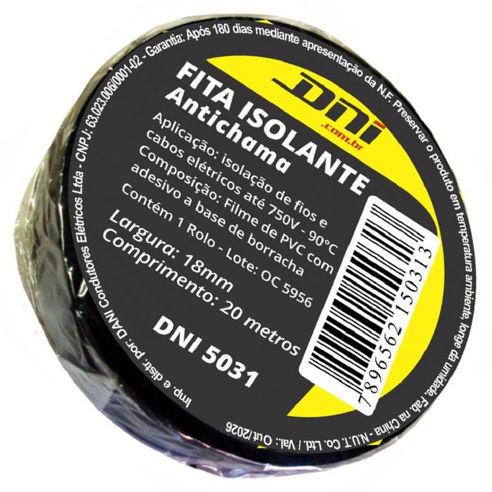 Fita Isolante em PVC Preta Rolo 20 Metros - DNI - 5031