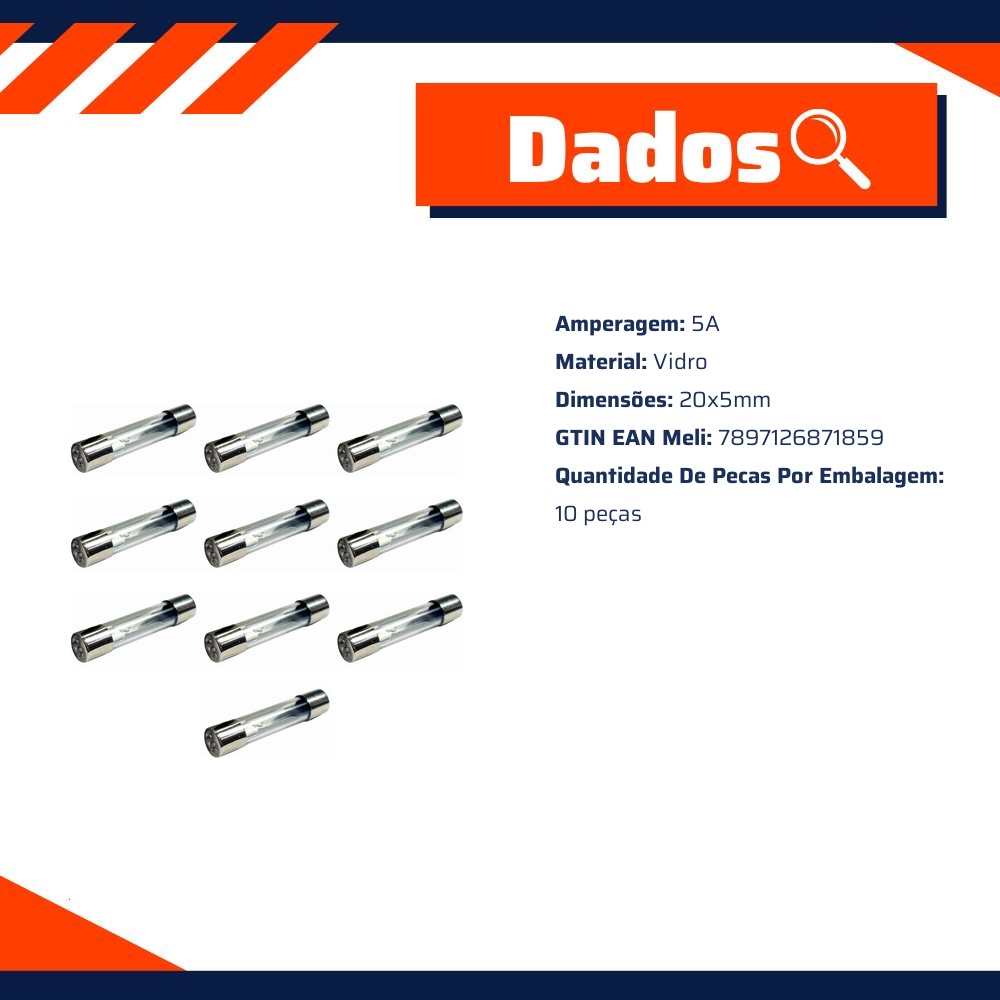 Kit 10 Fusível Vidro 5A Curto Universal 20x5 mm - DNI - 315005