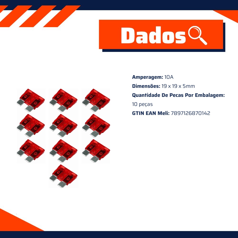 Kit 10 Fusível Lâmina 10A Universal - DNI - 316010