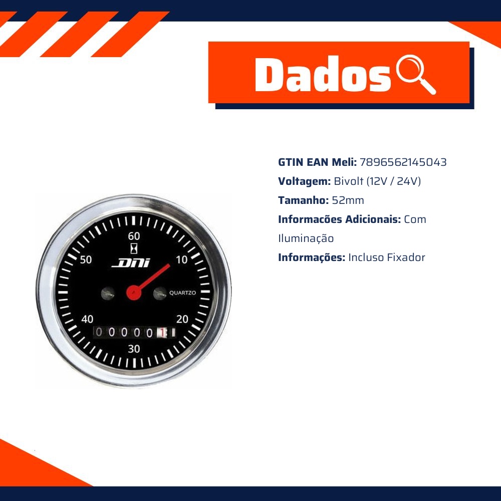 Horímetro Fundo Preto Aro Cromado com Iluminação 52mm Bivolt Universal - DNI - 4504