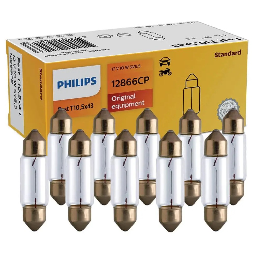 10 Lâmpadas da Placa 10W 12V Torpedo Standard Incolor - Philips - 12866