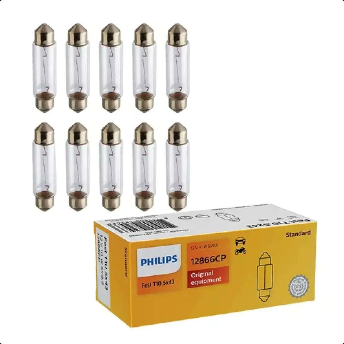 10 Lâmpadas da Placa 10W 12V Torpedo Standard Incolor - Philips - 12866