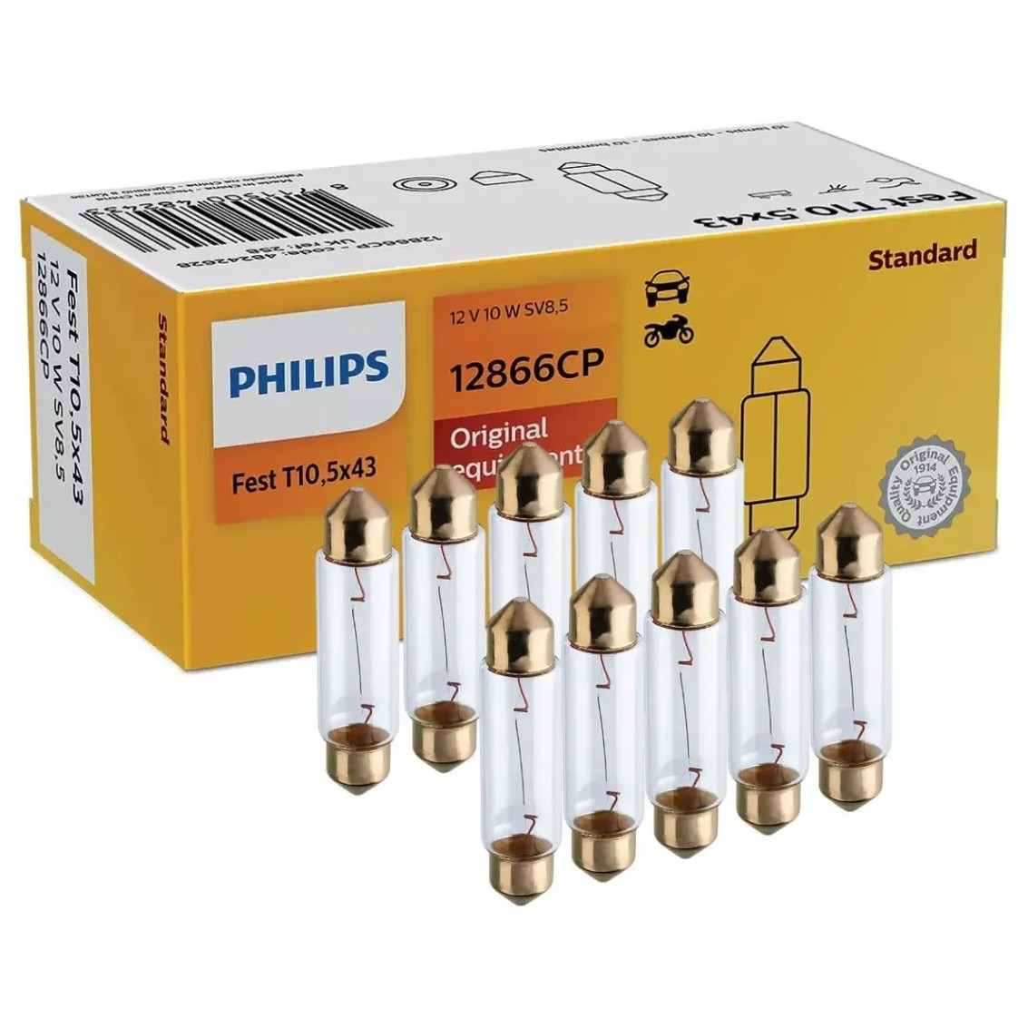 10 Lâmpadas da Placa 10W 12V Torpedo Standard Incolor - Philips - 12866