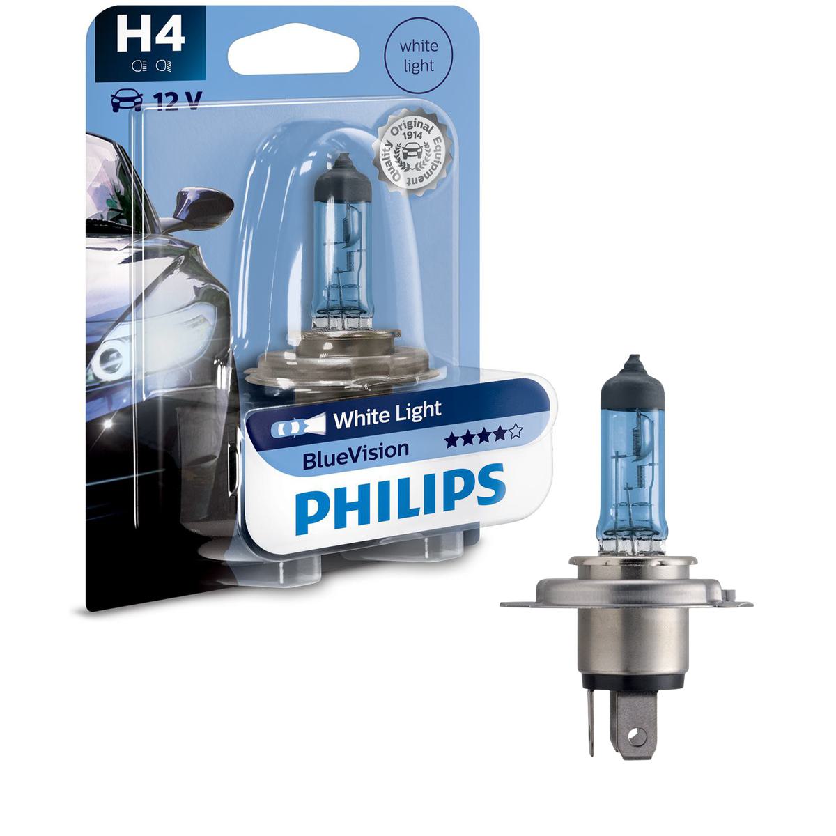 Lâmpada do Farol Alto H4 Blue Vision 12V 60/55W Azul 3700K - Philips - 12342BVB1