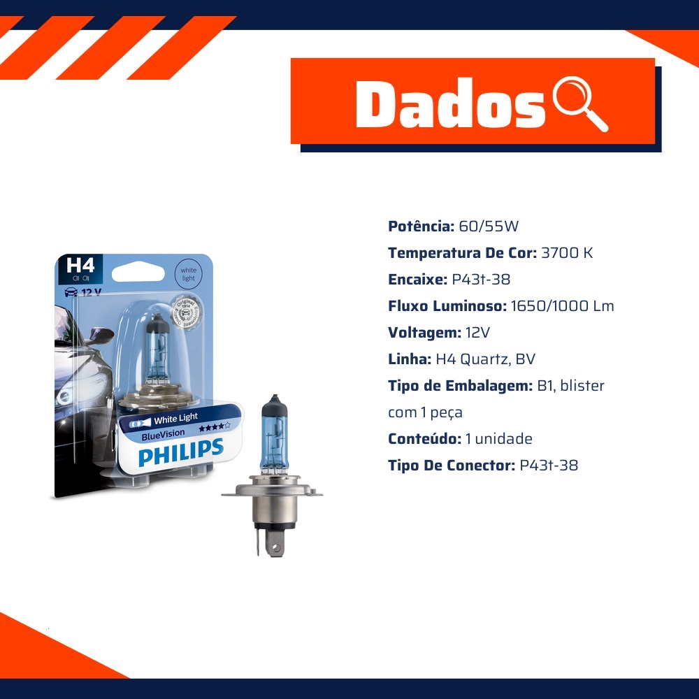 Lâmpada do Farol Alto H4 Blue Vision 12V 60/55W Azul 3700K - Philips - 12342BVB1