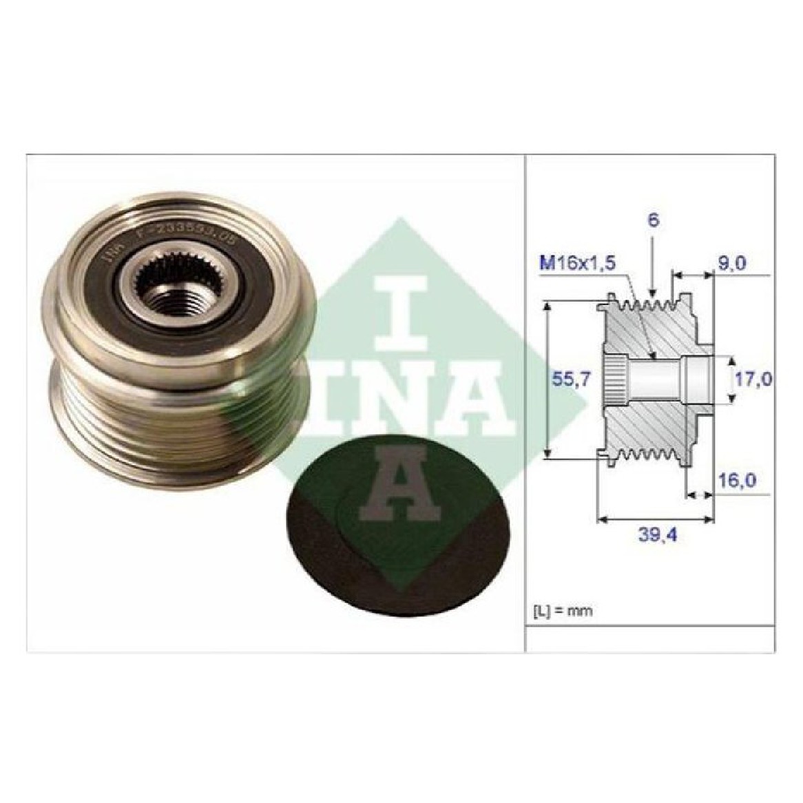 Roda Livre do Alternador M16X1,5 6 Canais 55,7x39,4 mm - INA - 535 0060 10