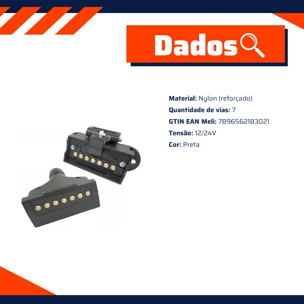 Conjunto de Tomada Fixa e Móvel 7 Polos Nylon Retangular 12/24v - DNI - 8302