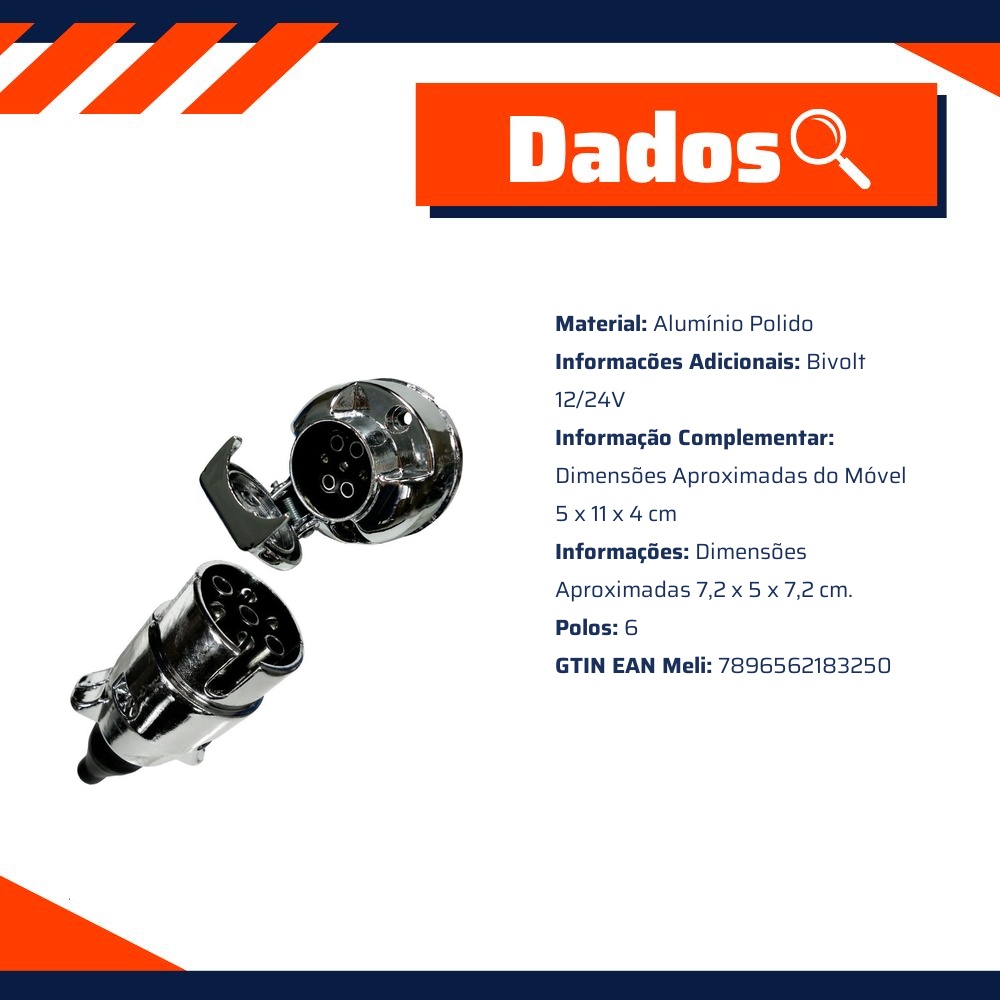 Tomada Elétrica Engate 6 Polos Alumínio Redonda Cromada para Reboque Carretinha - DNI - 8325