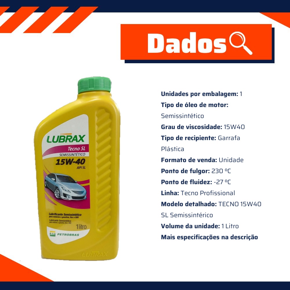 Óleo de Motor 15W40 TECNO API SL Semissintético 1L - Lubrax