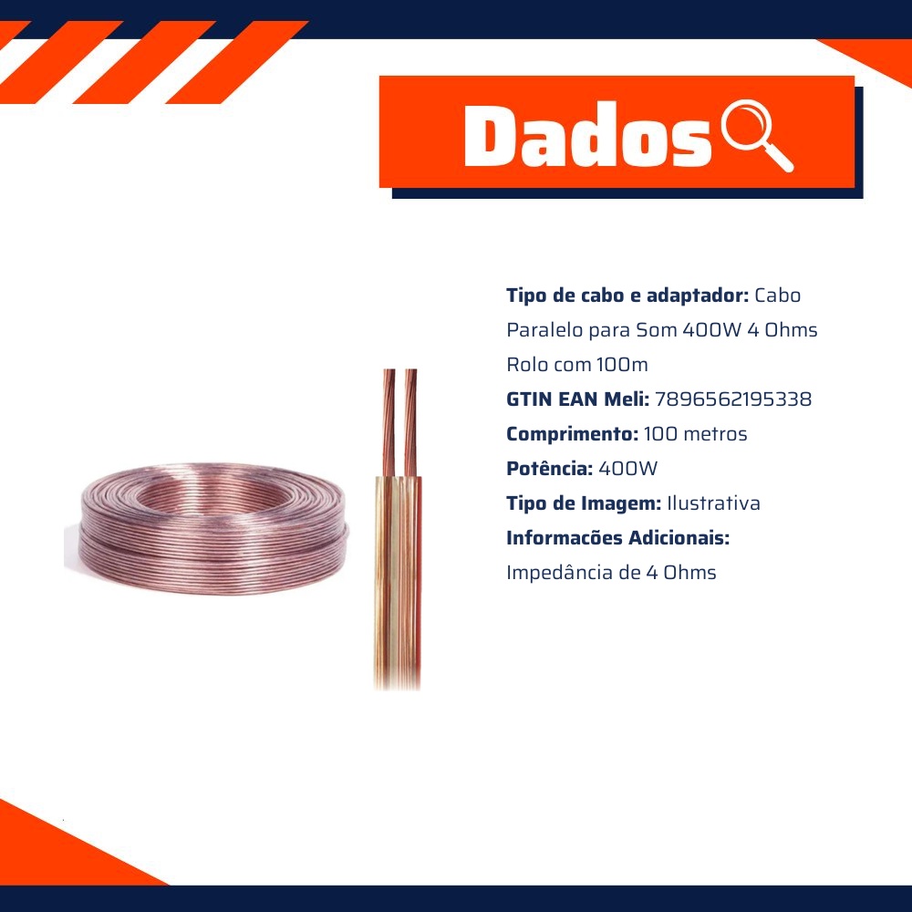 Cabo Paralelo para Som 400W 4 Ohms Rolo com 100m - DNI - HFX 2X14/400W