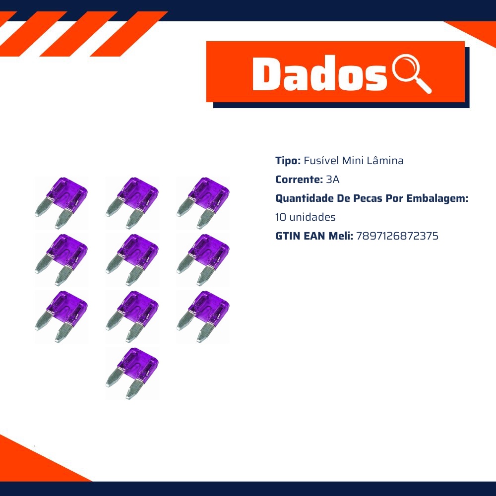 Kit 10 Fusível Mini Lâmina 3A Universal - DNI - 317003