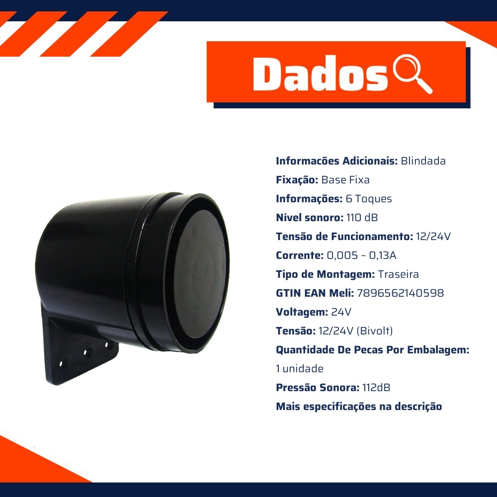 Sirene de Marcha Ré 112dB, Resistente à Água, 6 Toques, Bivolt - DNI - 4059