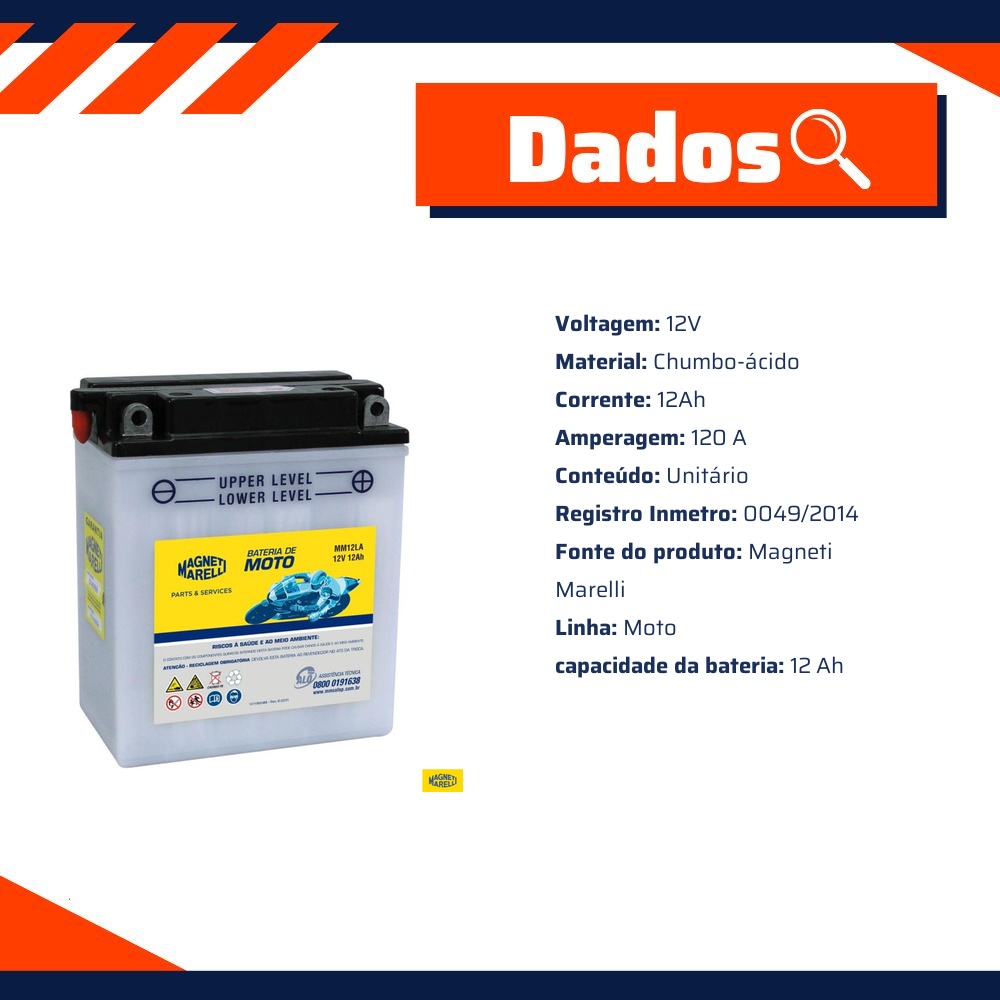 Bateria para Moto 12V 12Ah - Magneti Marelli - MM12LA