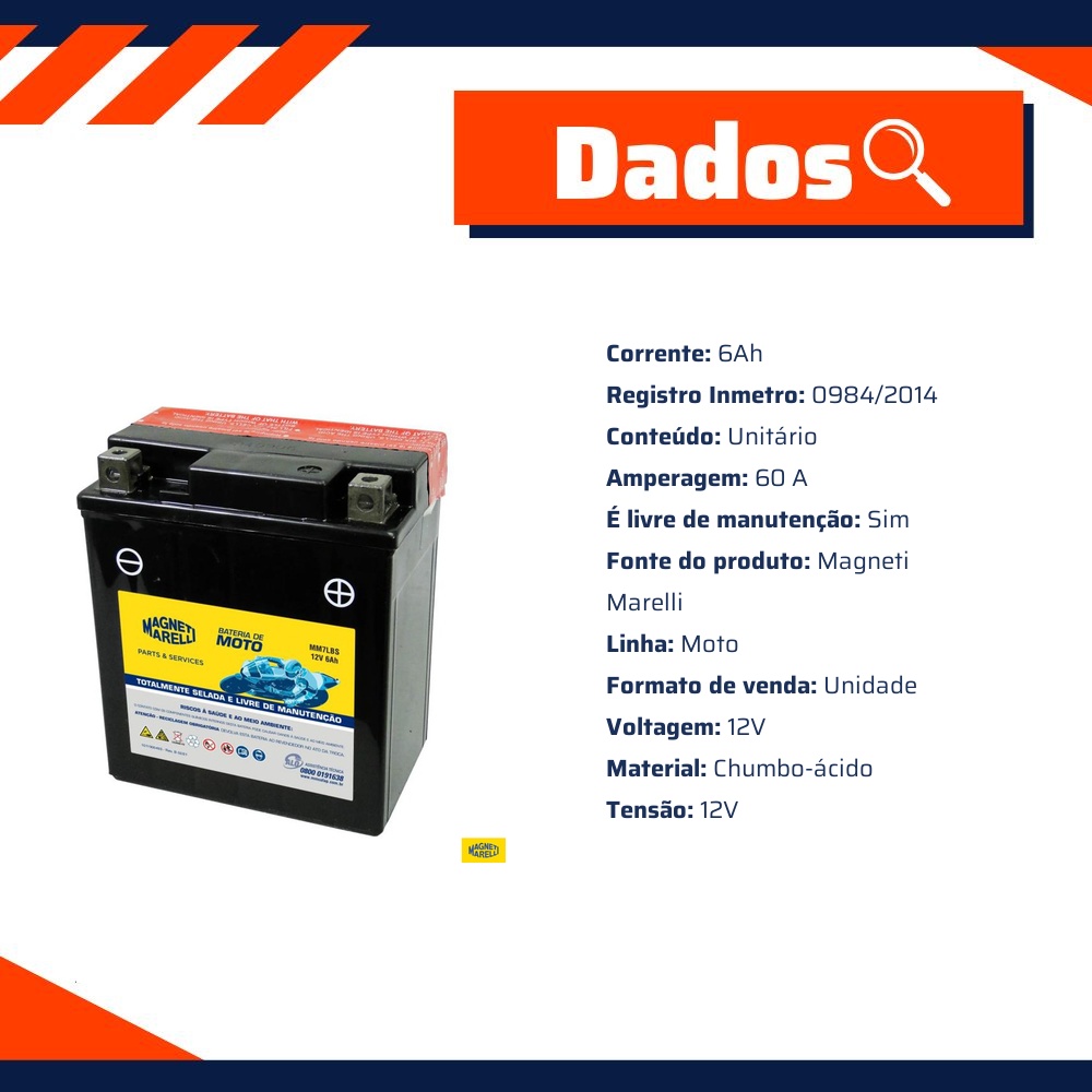 Bateria para Moto 12V 6Ah - Magneti Marelli - MM7LBS