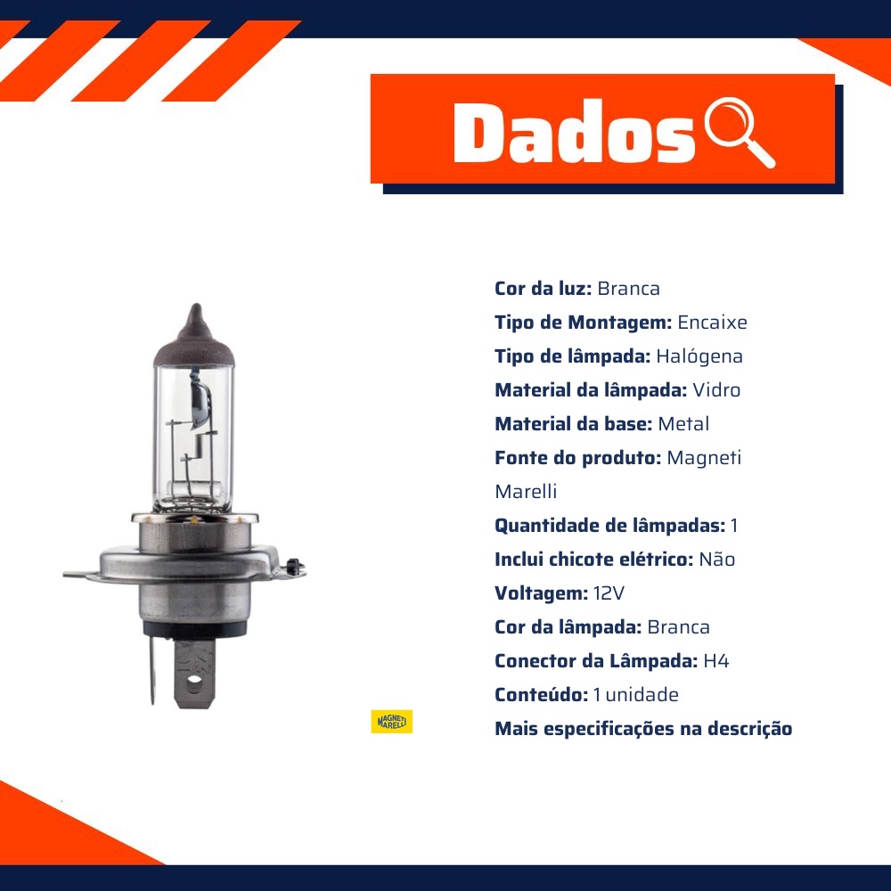 Lâmpada Farol Alto / Baixo / 12V 60/55W P43T H4 Moto - Magneti Marelli - LMM94193HD