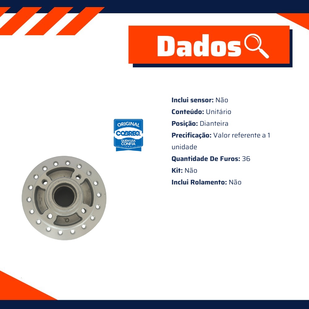 Cubo de Roda Dianteiro 36 Furos sem Rolamento para Yamaha YBR 125 FACTOR - Cobreq - 0021-CB