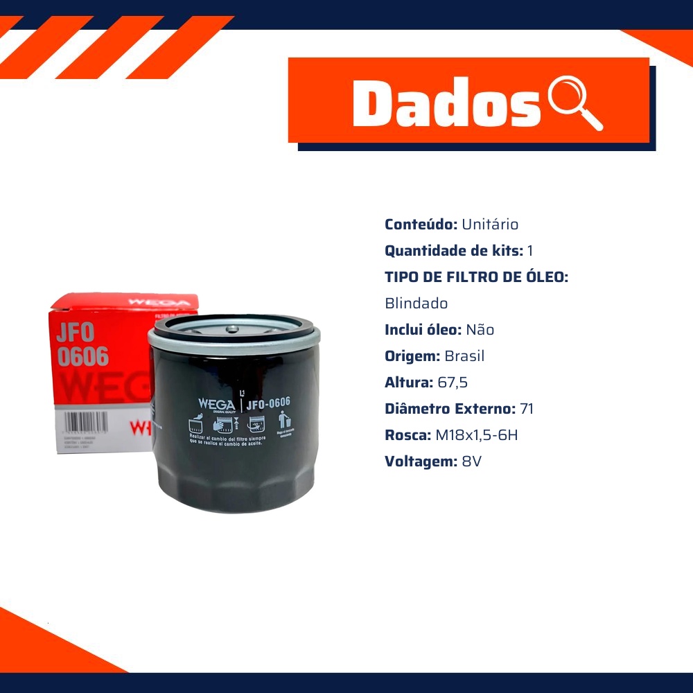 Filtro de Óleo Lubrificante para Effa V21 e V25 - Wega - JFO-0606