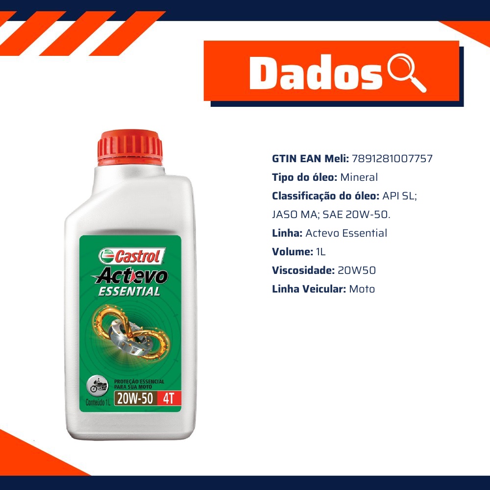 Óleo de Motor para Moto Actevo Essential 20W50 API SL Mineral 1L - Castrol - 3419247