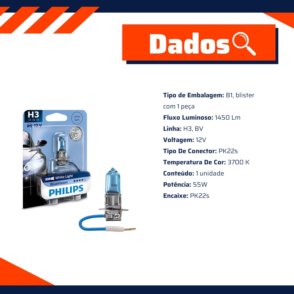Lâmpada do Farol H3 12V BLUE VISION 3700K - Philips - 12336BVB1