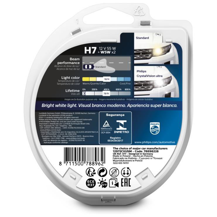 Kit Par Lâmpada H7 12V CRYSTAL VISION ULTRA e Par Pingão W5W - Philips - 12972CVUSM
