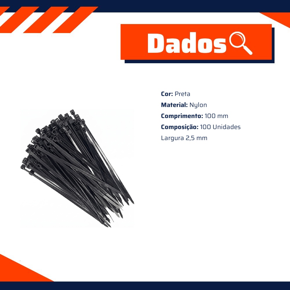 100 Abraçadeira Nylon 10cm Preta - DPaula - DP7.020P