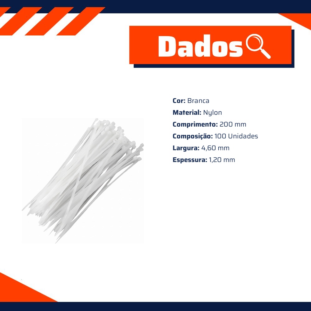 100 Abraçadeira Nylon 20cm Branca - DPaula - DP7.022B