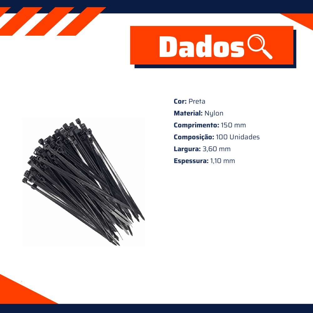 100 Abraçadeira Nylon 15cm Preta - DPaula - DP7.021P