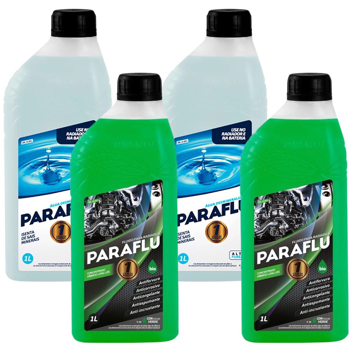 Kit 2 Litros Aditivo Radiador Concentrado Paraflu Bio Híbrido Verde + 2 Litros Água Desmineralizada