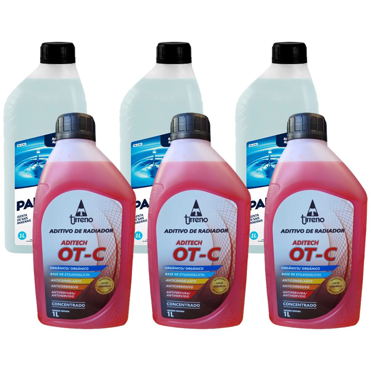 Kit 3 Litros Aditivo Radiador Concentrado Tirreno Orgânico OT-C Laranja + 3 Litros Água Desmineralizada