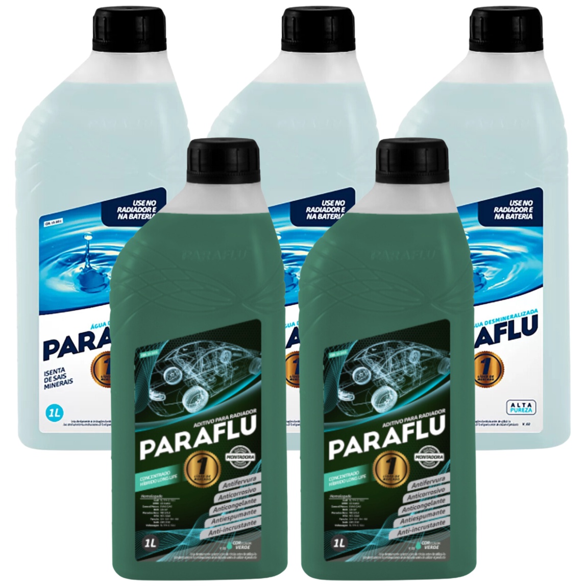 Kit 5 Litros com 2L Aditivo Radiador Verde + 3L Água - Paraflu - 10-3031/10-3055